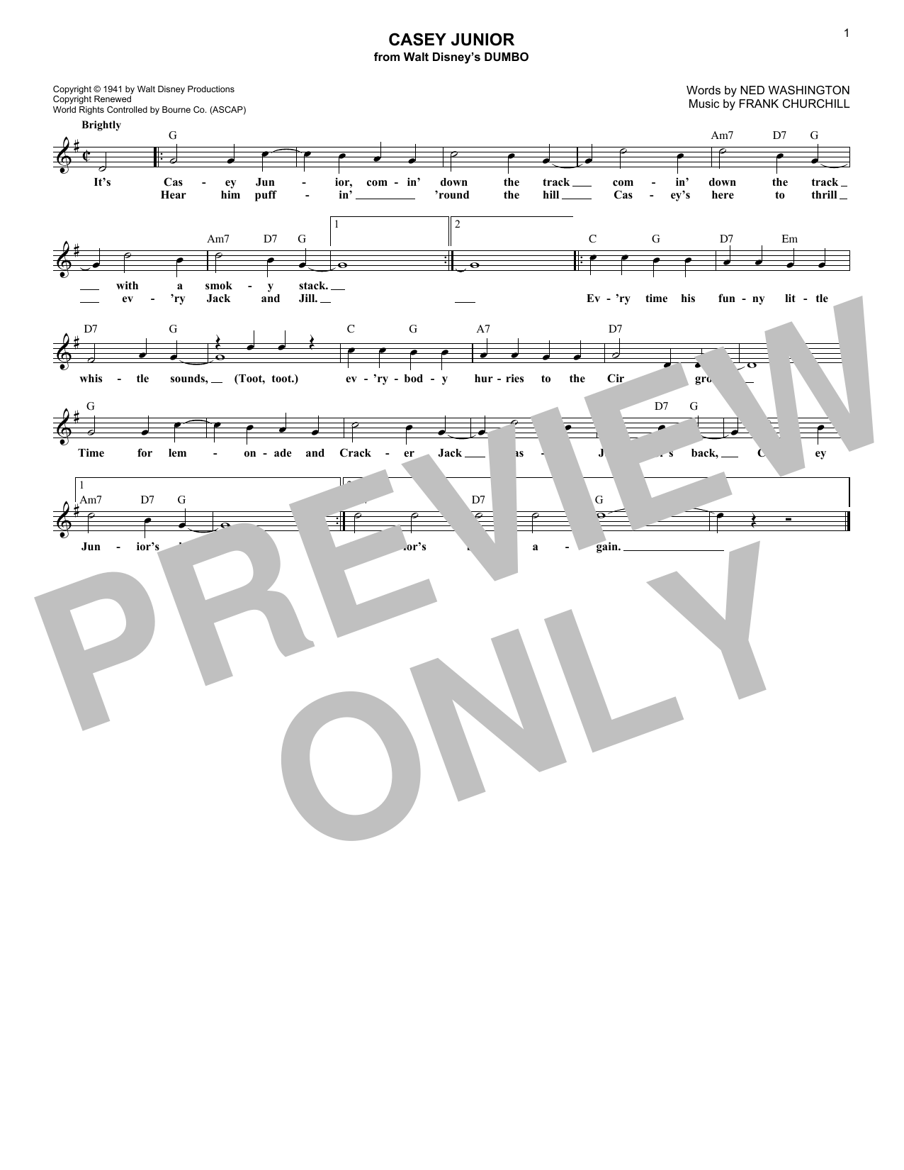 Ned Washington Casey Junior Sheet Music Notes & Chords for Melody Line, Lyrics & Chords - Download or Print PDF