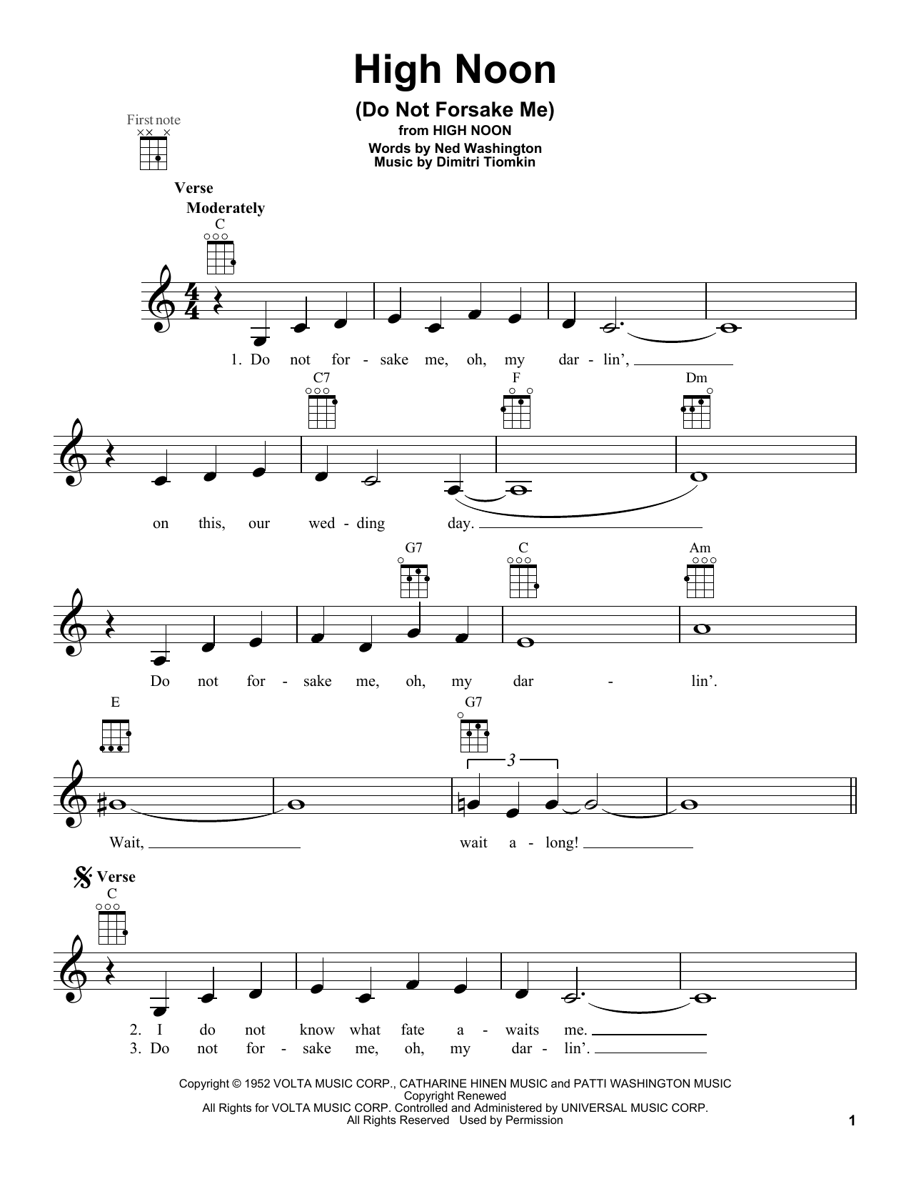 Ned Washington High Noon (Do Not Forsake Me) Sheet Music Notes & Chords for Ukulele - Download or Print PDF