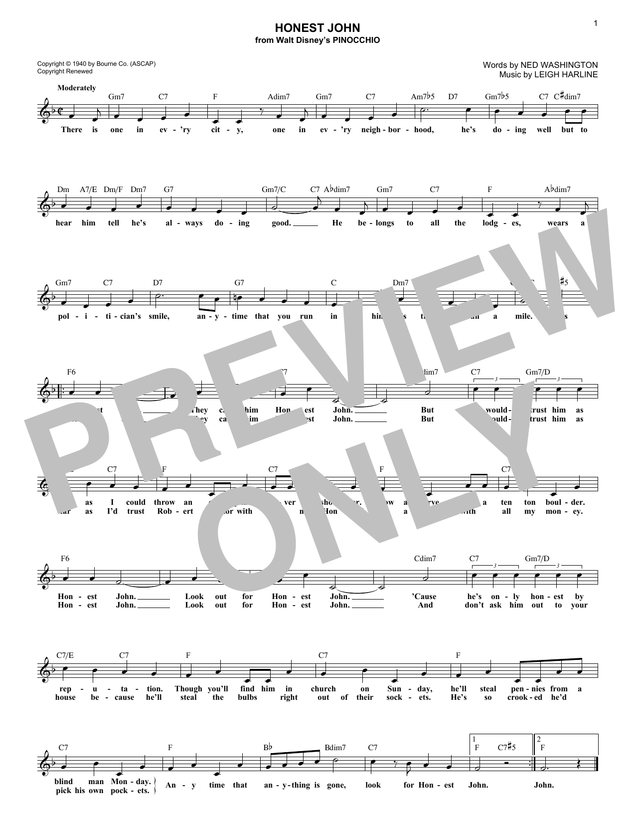 Ned Washington Honest John Sheet Music Notes & Chords for Melody Line, Lyrics & Chords - Download or Print PDF