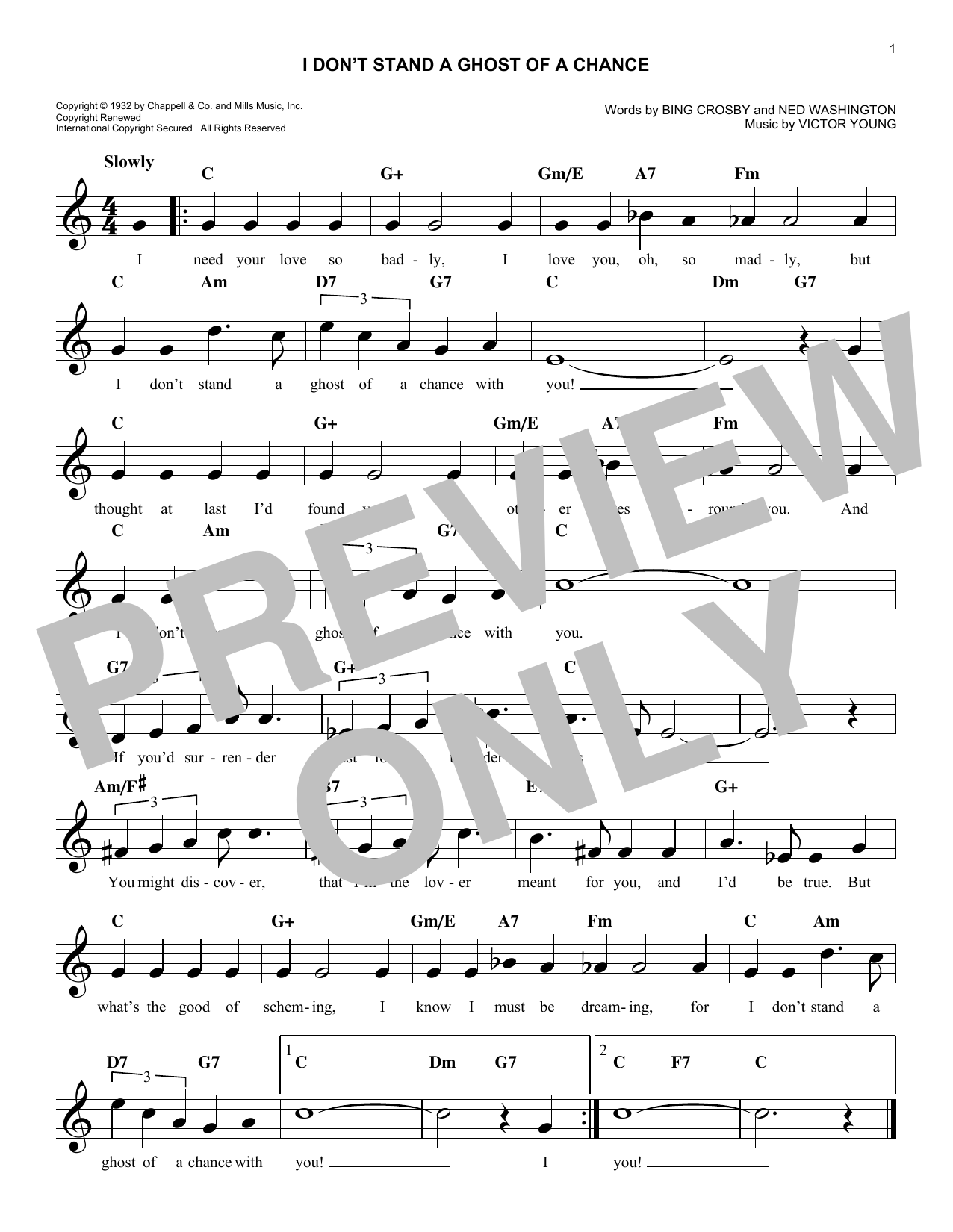 Ned Washington I Don't Stand A Ghost Of A Chance With You Sheet Music Notes & Chords for Melody Line, Lyrics & Chords - Download or Print PDF