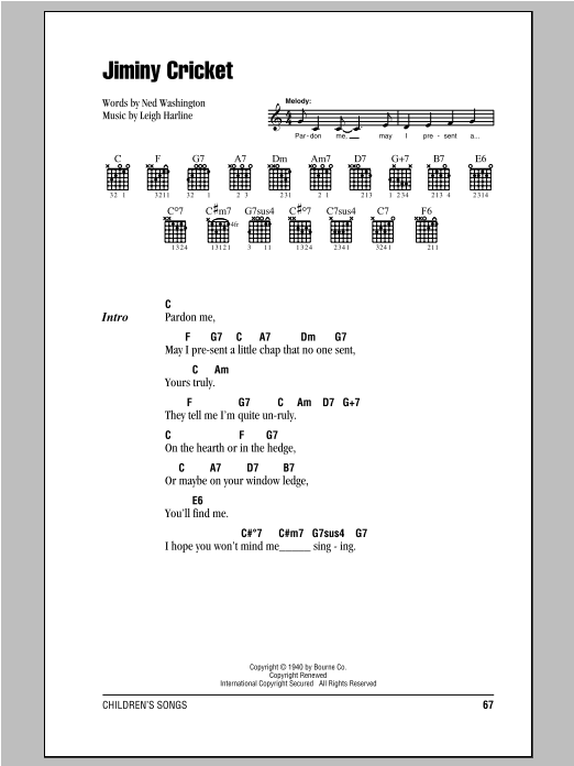 Ned Washington Jiminy Cricket Sheet Music Notes & Chords for Melody Line, Lyrics & Chords - Download or Print PDF
