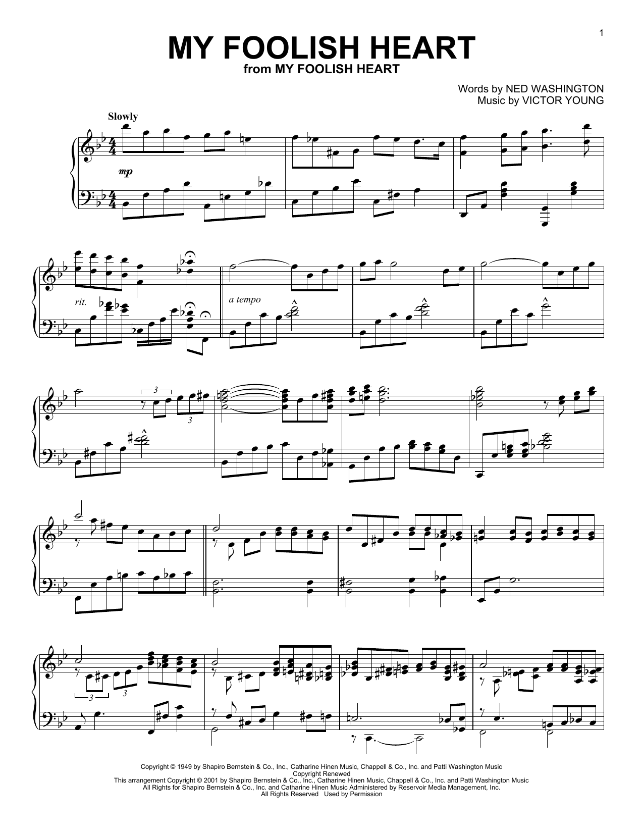 Ned Washington My Foolish Heart (arr. Al Lerner) Sheet Music Notes & Chords for Piano Solo - Download or Print PDF