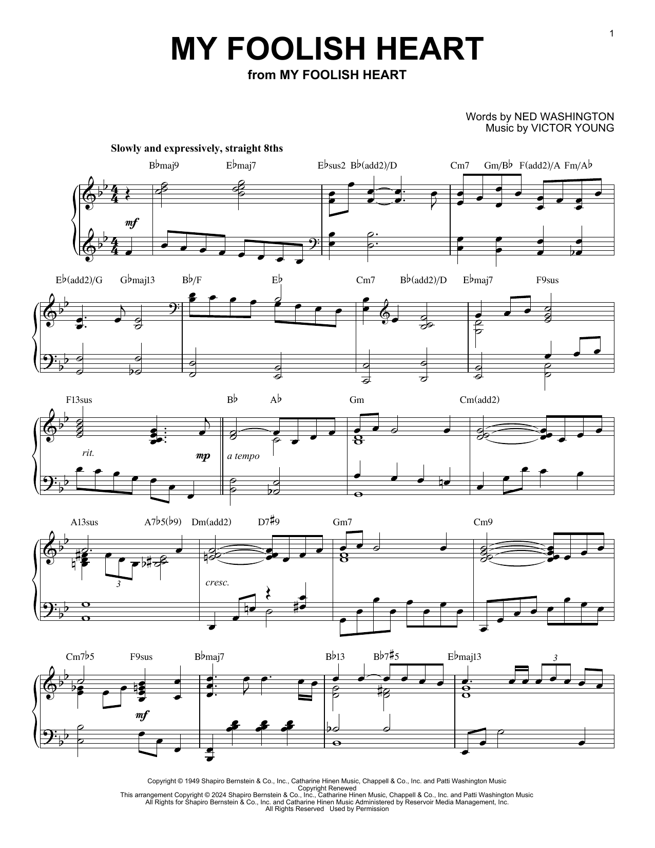 Ned Washington My Foolish Heart (arr. Brent Edstrom) Sheet Music Notes & Chords for Piano Solo - Download or Print PDF