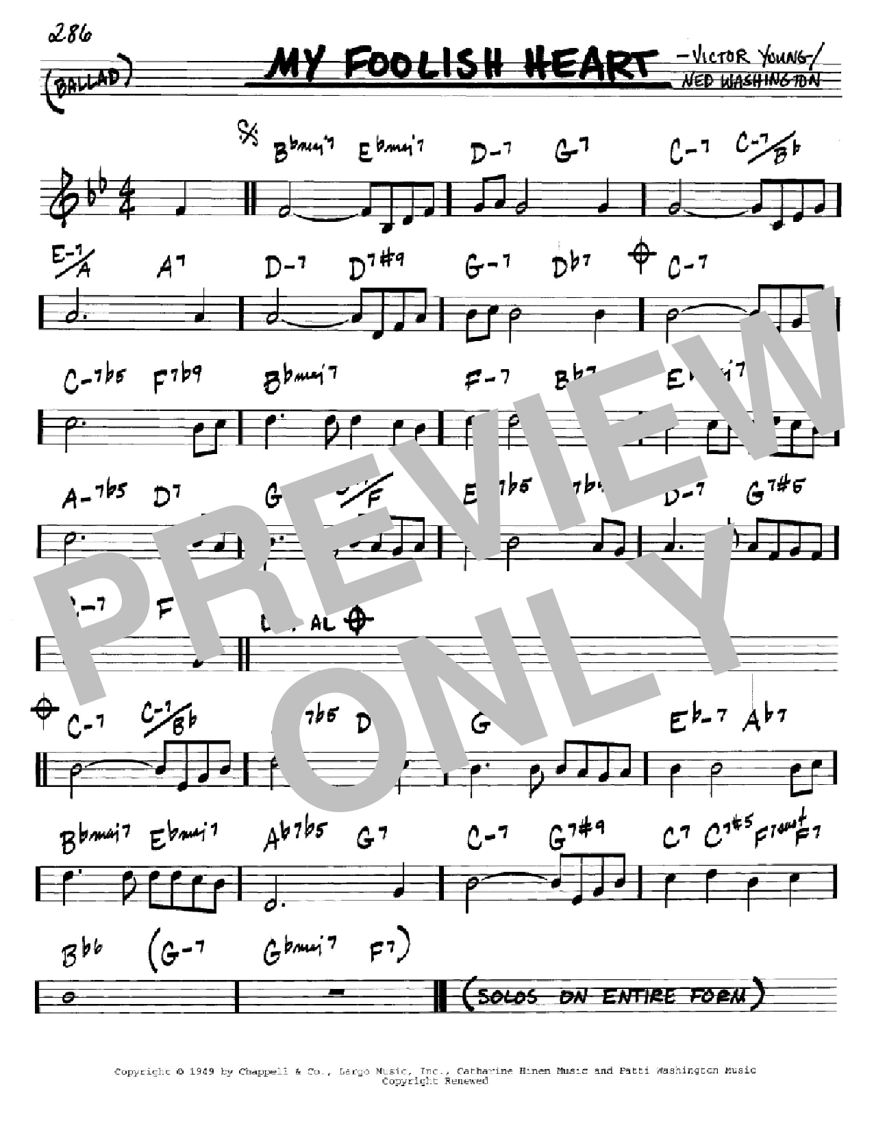 Ned Washington My Foolish Heart Sheet Music Notes & Chords for Real Book - Melody & Chords - Bass Clef Instruments - Download or Print PDF