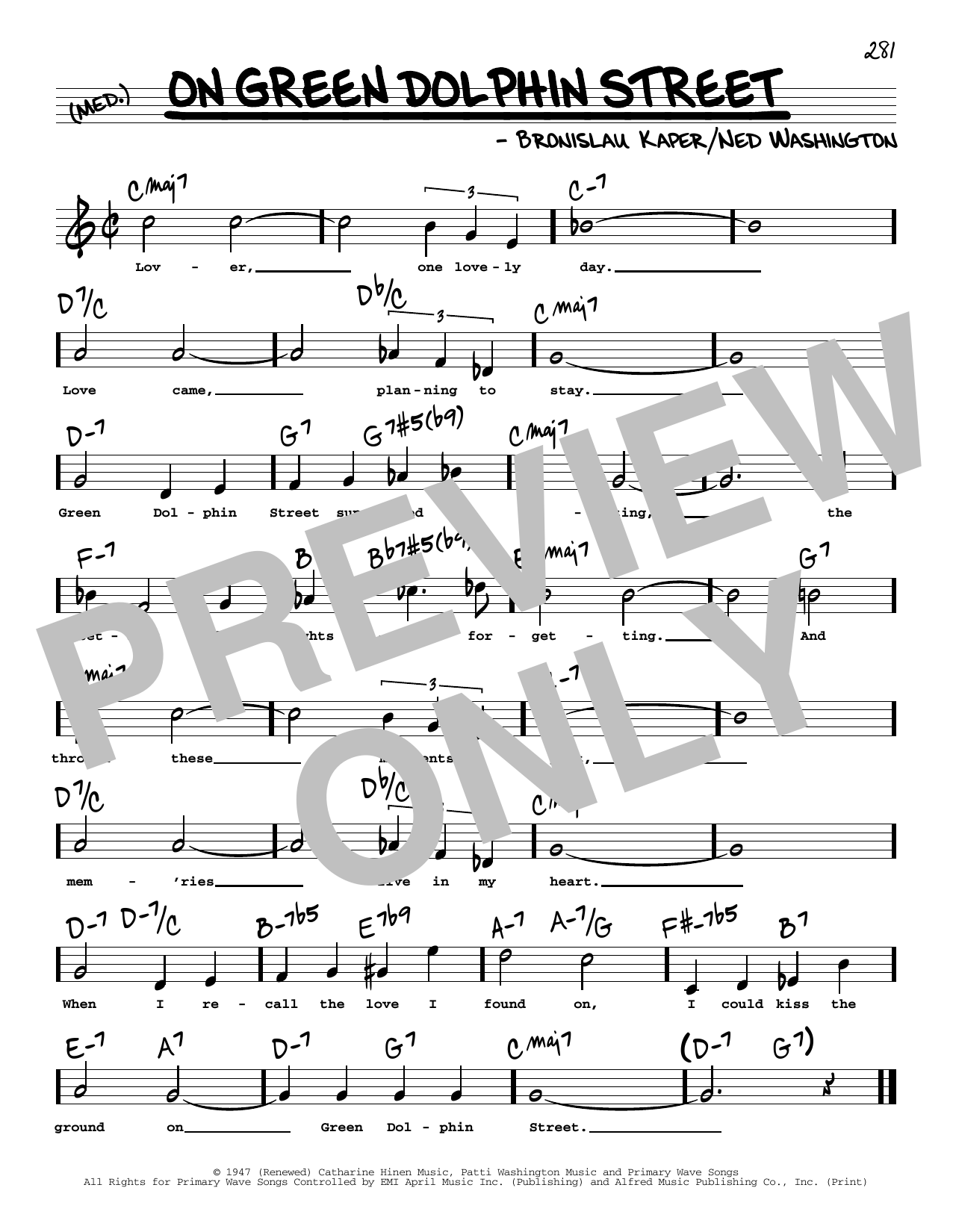 Ned Washington On Green Dolphin Street (High Voice) Sheet Music Notes & Chords for Real Book – Melody, Lyrics & Chords - Download or Print PDF