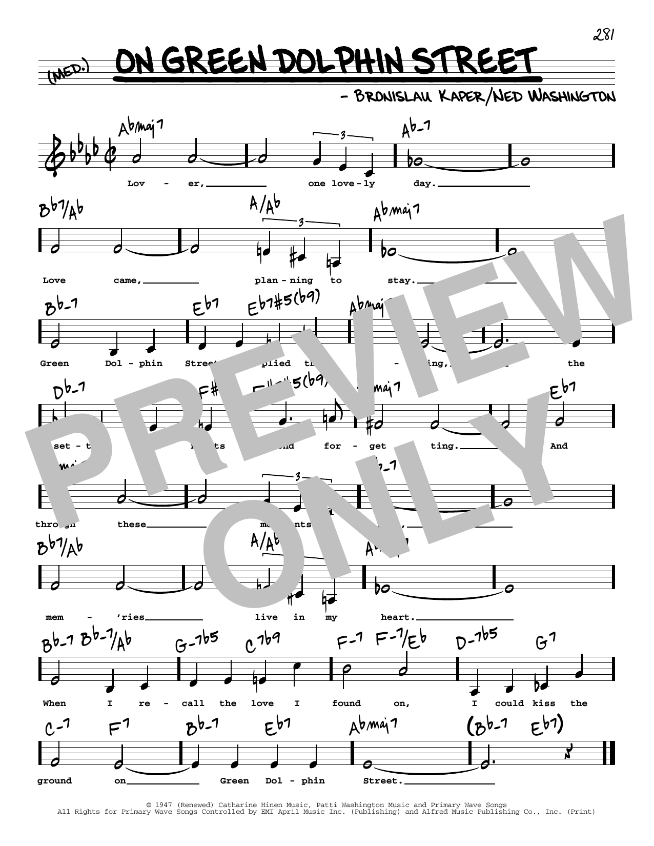 Ned Washington On Green Dolphin Street (Low Voice) Sheet Music Notes & Chords for Real Book – Melody, Lyrics & Chords - Download or Print PDF