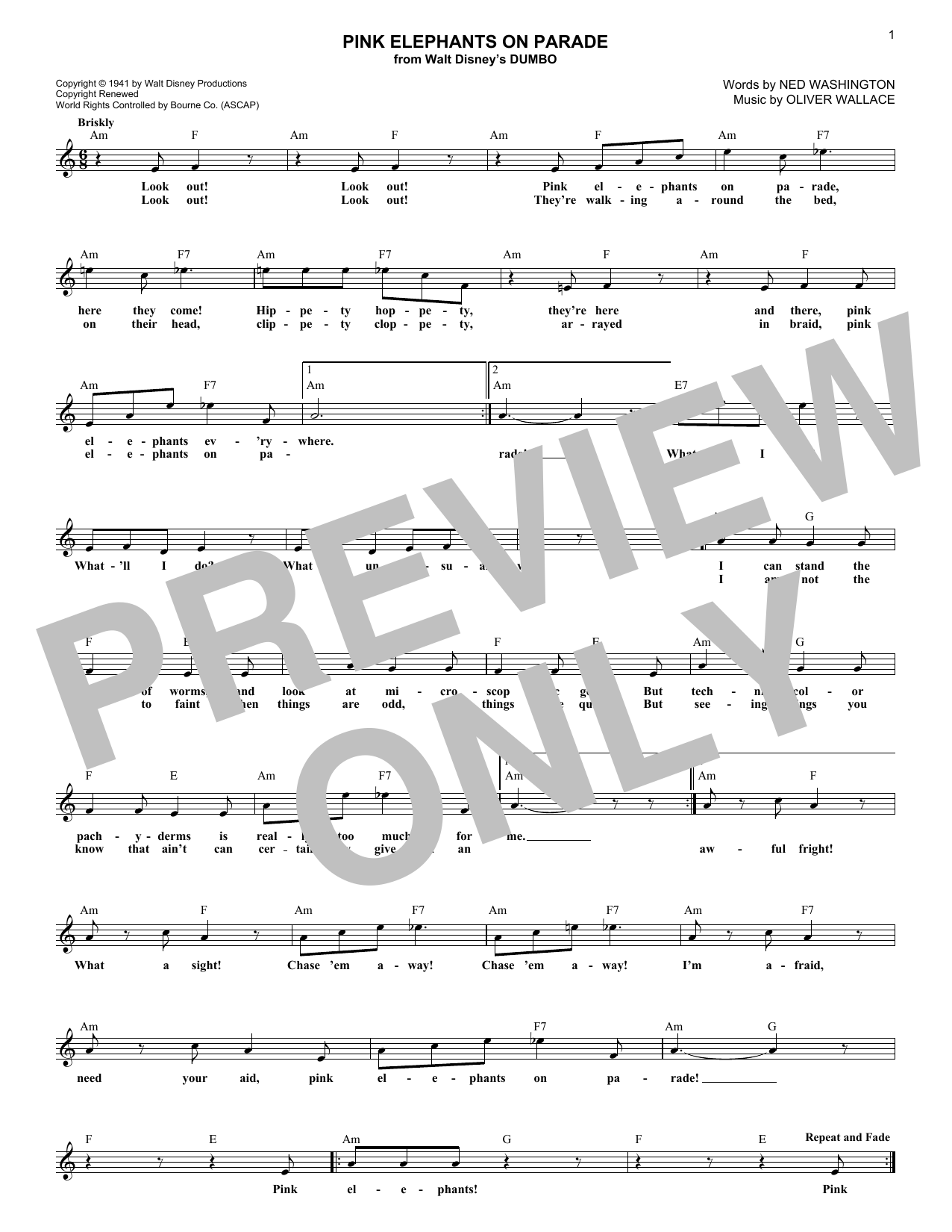 Ned Washington Pink Elephants On Parade (from Walt Disney's Dumbo) Sheet Music Notes & Chords for Lead Sheet / Fake Book - Download or Print PDF