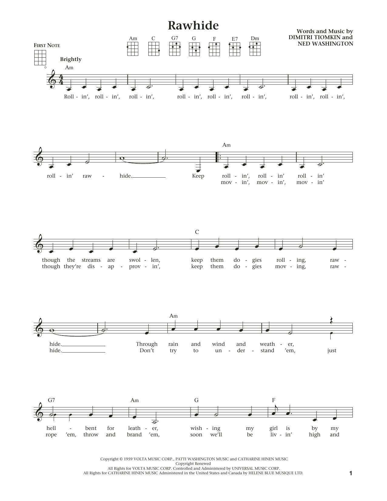 Ned Washington Rawhide (from The Daily Ukulele) (arr. Liz and Jim Beloff) Sheet Music Notes & Chords for Ukulele - Download or Print PDF