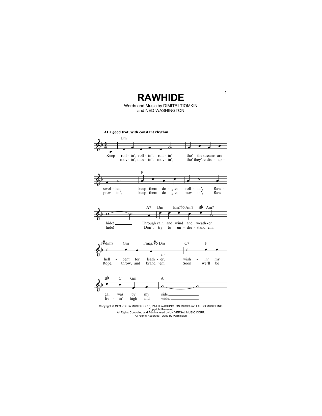 Ned Washington Rawhide Sheet Music Notes & Chords for Melody Line, Lyrics & Chords - Download or Print PDF