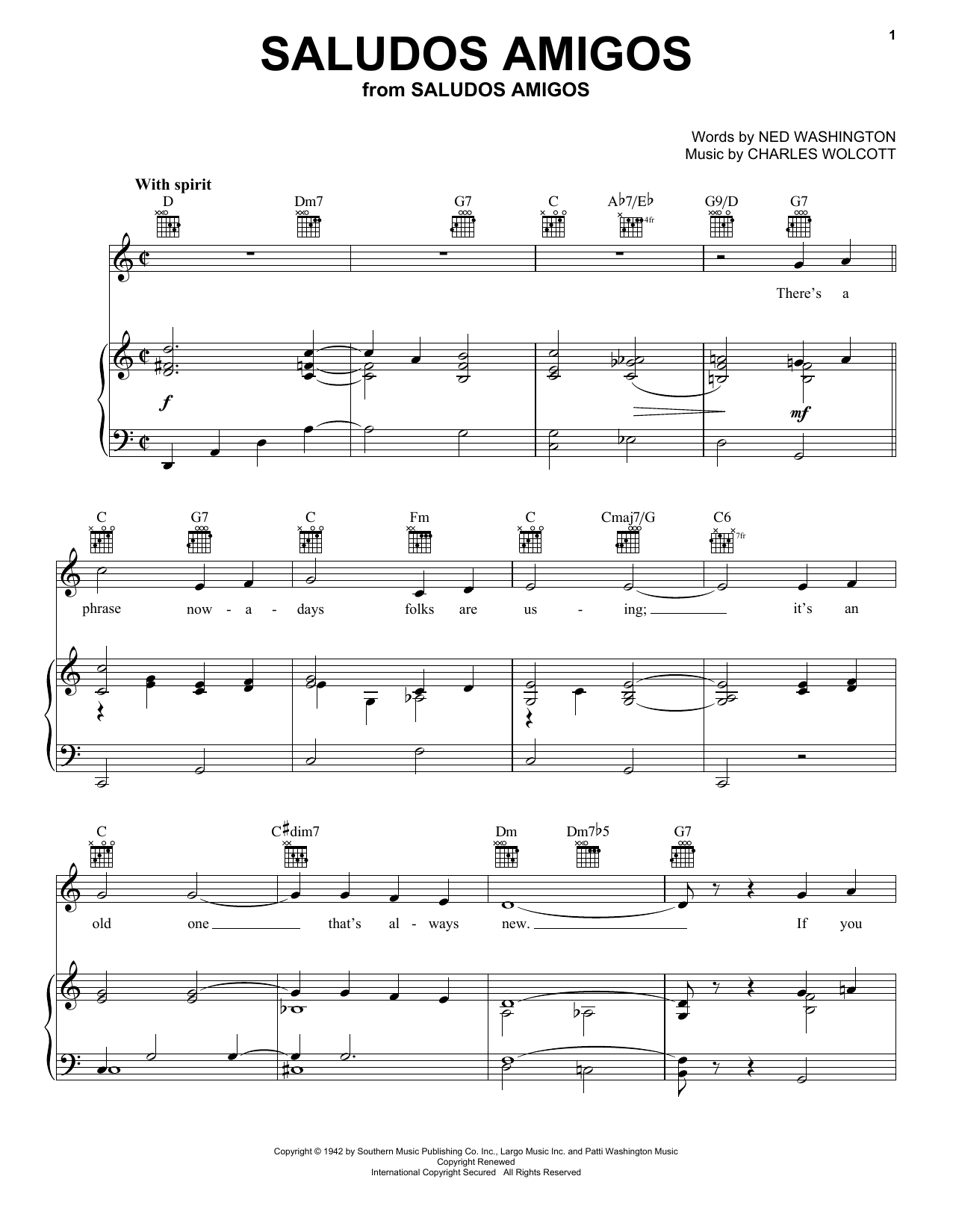 Ned Washington Saludos Amigos Sheet Music Notes & Chords for Piano, Vocal & Guitar (Right-Hand Melody) - Download or Print PDF