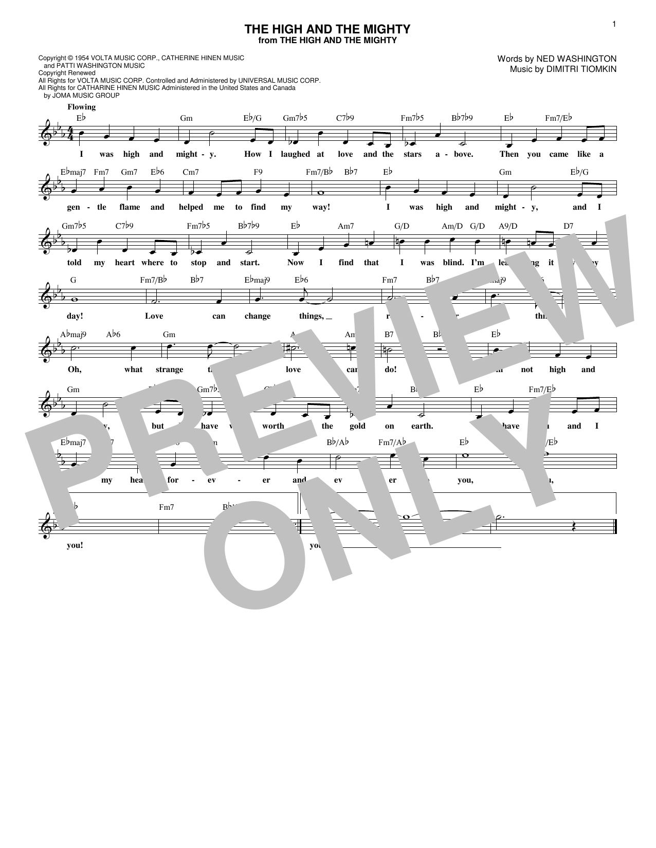Ned Washington The High And The Mighty Sheet Music Notes & Chords for Melody Line, Lyrics & Chords - Download or Print PDF