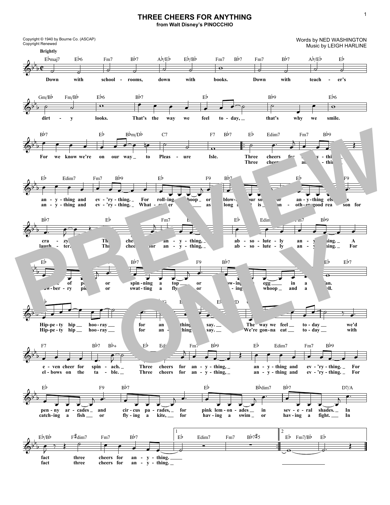 Ned Washington Three Cheers For Anything Sheet Music Notes & Chords for Melody Line, Lyrics & Chords - Download or Print PDF