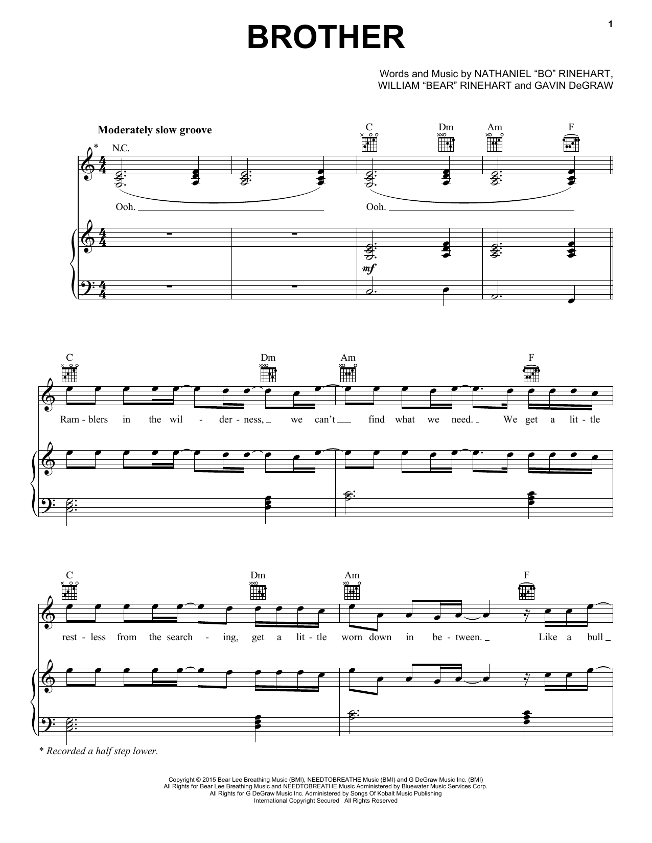 NEEDTOBREATHE Brother (feat. Gavin DeGraw) Sheet Music Notes & Chords for Piano, Vocal & Guitar (Right-Hand Melody) - Download or Print PDF