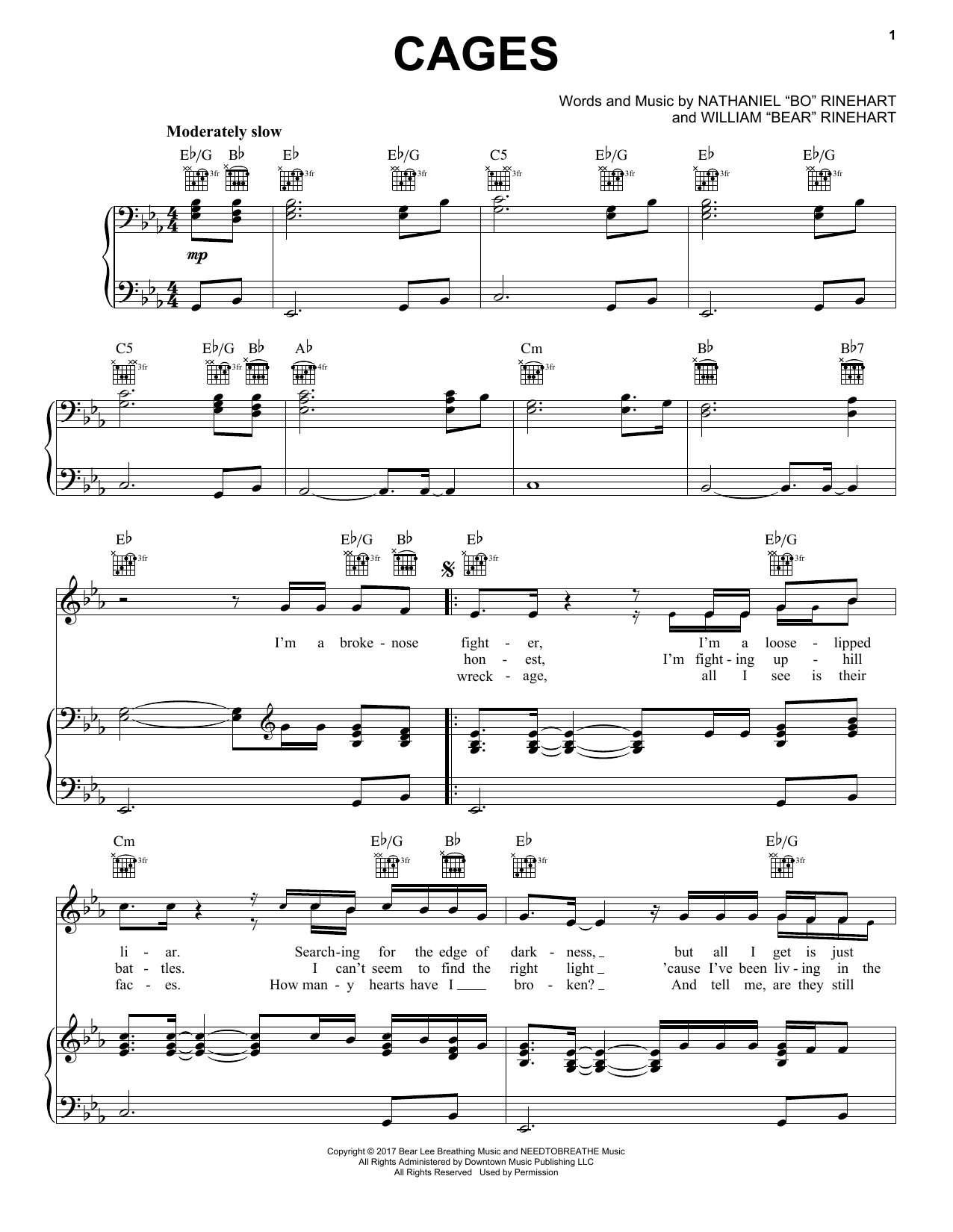 NEEDTOBREATHE Cages Sheet Music Notes & Chords for Piano, Vocal & Guitar (Right-Hand Melody) - Download or Print PDF