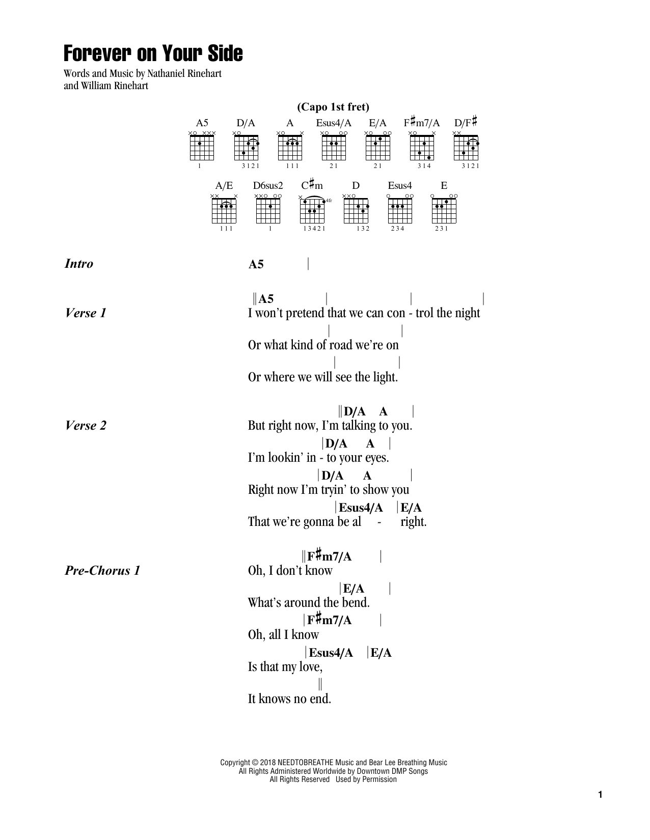 NEEDTOBREATHE Forever On Your Side Sheet Music Notes & Chords for Piano, Vocal & Guitar Chords (Right-Hand Melody) - Download or Print PDF