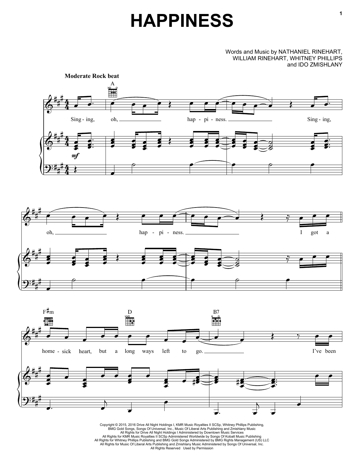 NEEDTOBREATHE Happiness Sheet Music Notes & Chords for Piano, Vocal & Guitar (Right-Hand Melody) - Download or Print PDF