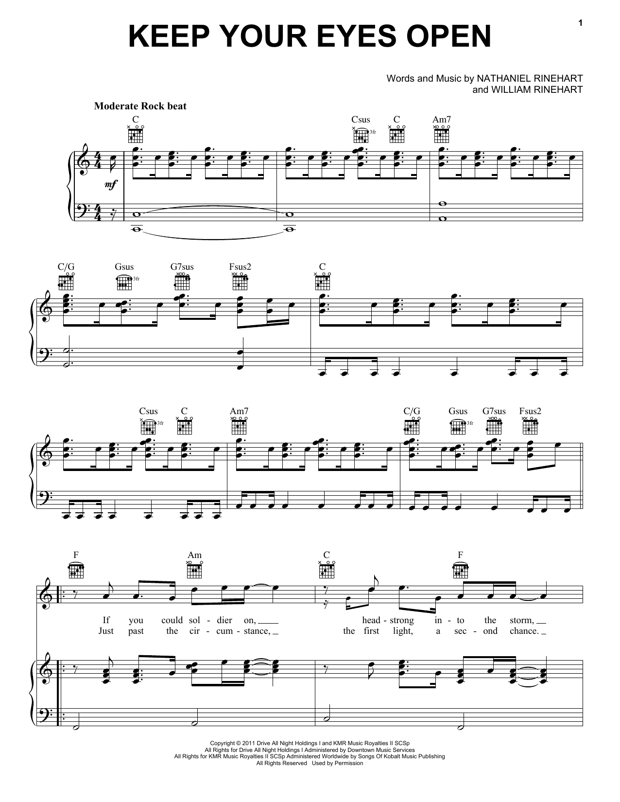 NEEDTOBREATHE Keep Your Eyes Open Sheet Music Notes & Chords for Piano, Vocal & Guitar Chords (Right-Hand Melody) - Download or Print PDF