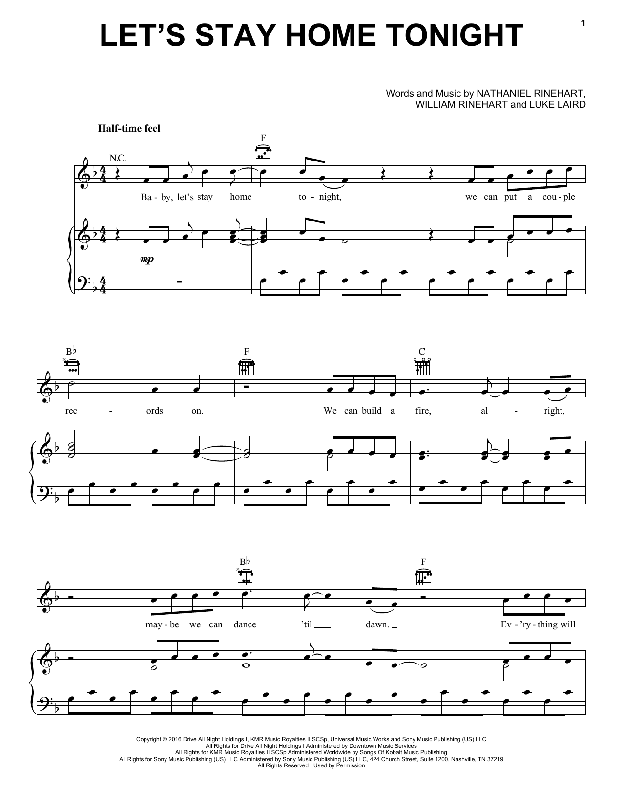 NEEDTOBREATHE Let's Stay Home Tonight Sheet Music Notes & Chords for Piano, Vocal & Guitar Chords (Right-Hand Melody) - Download or Print PDF