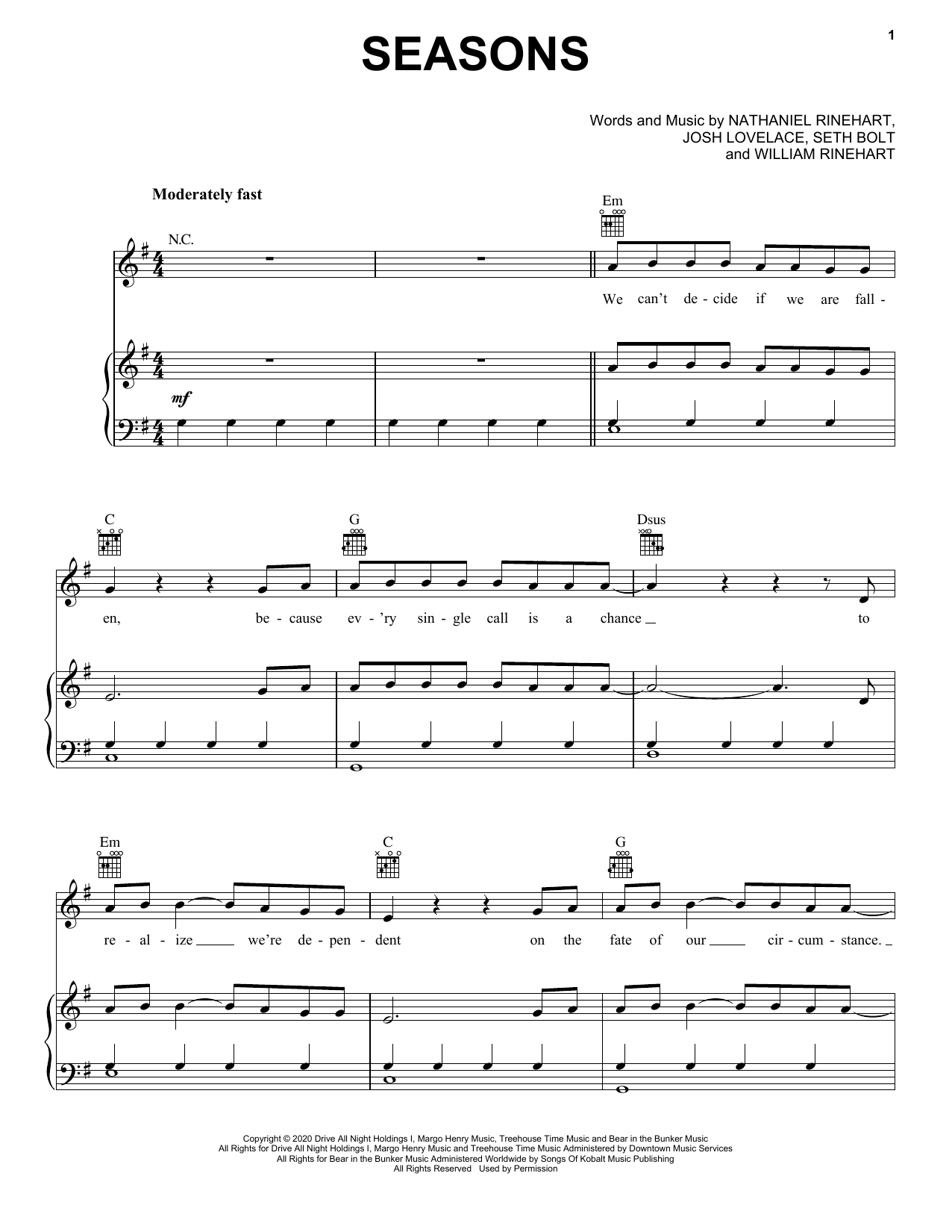 NEEDTOBREATHE Seasons Sheet Music Notes & Chords for Piano, Vocal & Guitar (Right-Hand Melody) - Download or Print PDF