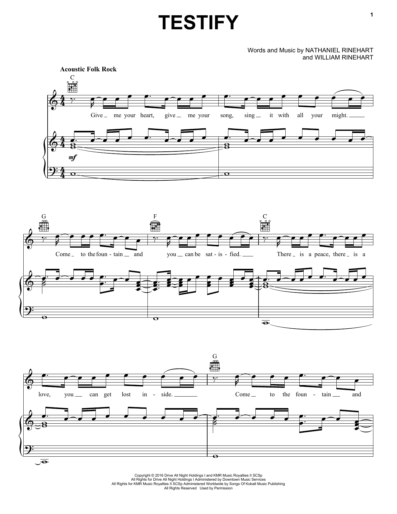 William Rinehart Testify Sheet Music Notes & Chords for Piano, Vocal & Guitar (Right-Hand Melody) - Download or Print PDF
