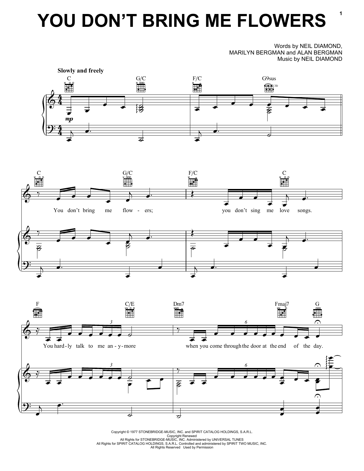 Neil Diamond & Barbra Streisand You Don't Bring Me Flowers Sheet Music Notes & Chords for Guitar with strumming patterns - Download or Print PDF