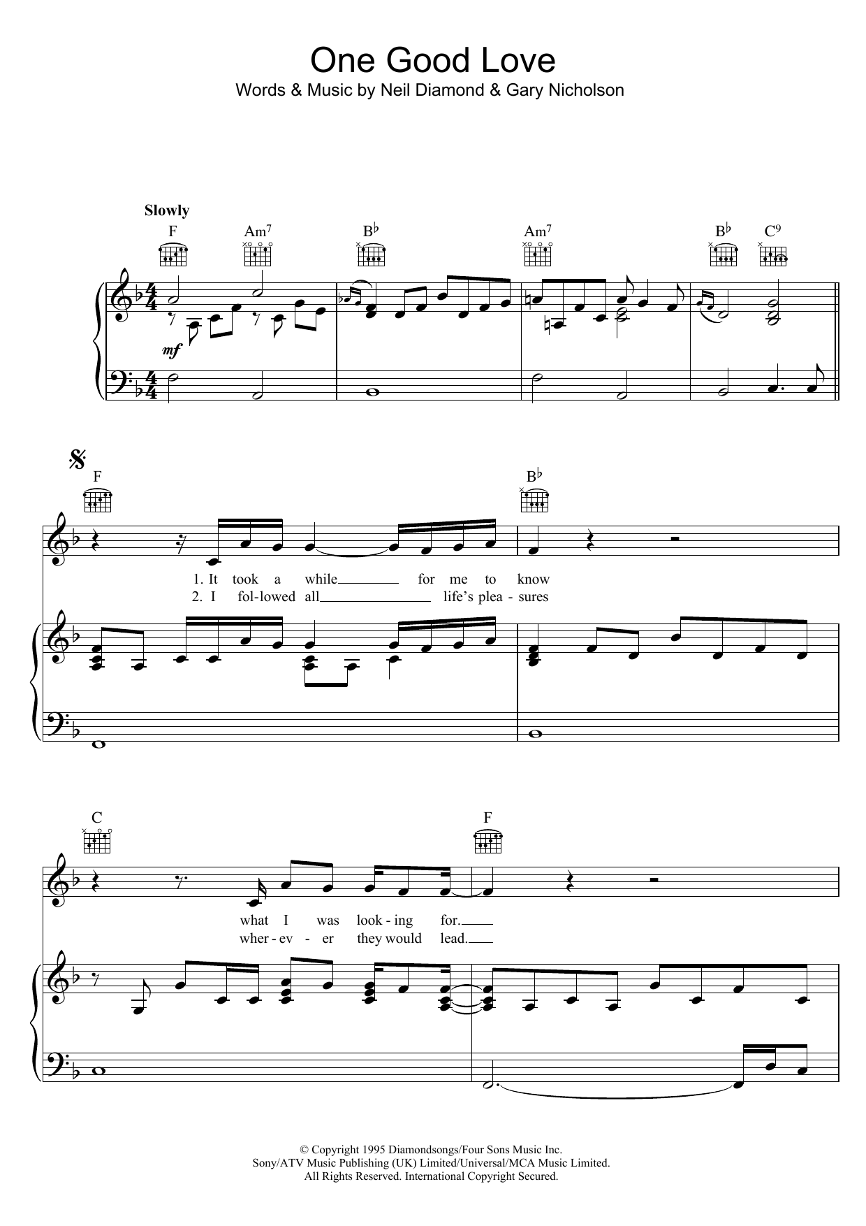 Neil Diamond & Waylon Jennings One Good Love Sheet Music Notes & Chords for Piano, Vocal & Guitar (Right-Hand Melody) - Download or Print PDF