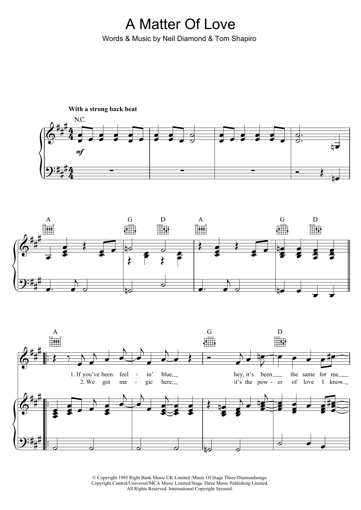 Neil Diamond A Matter Of Love Sheet Music Notes & Chords for Piano, Vocal & Guitar (Right-Hand Melody) - Download or Print PDF