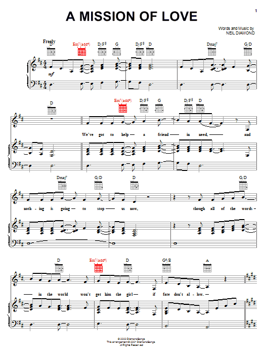 Neil Diamond A Mission Of Love Sheet Music Notes & Chords for Piano, Vocal & Guitar (Right-Hand Melody) - Download or Print PDF Neil Diamond A Mission Of Love Sheet Music Notes & Chords for Piano, Vocal & Guitar (Right-Hand Melody) - Download or Print PDF