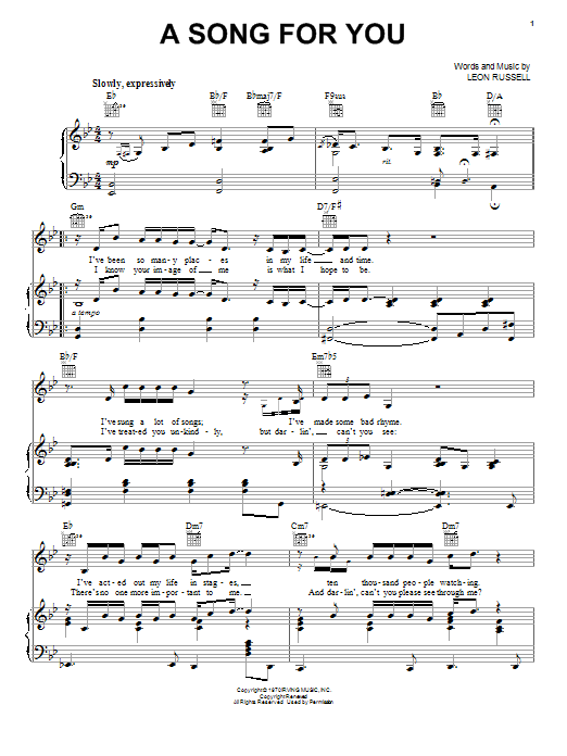 Neil Diamond A Song For You Sheet Music Notes & Chords for Piano, Vocal & Guitar (Right-Hand Melody) - Download or Print PDF