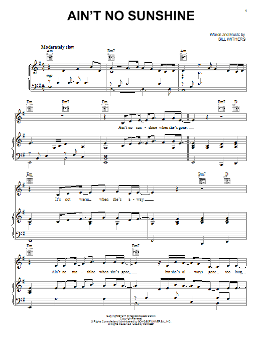 Neil Diamond Ain't No Sunshine Sheet Music Notes & Chords for Piano, Vocal & Guitar (Right-Hand Melody) - Download or Print PDF