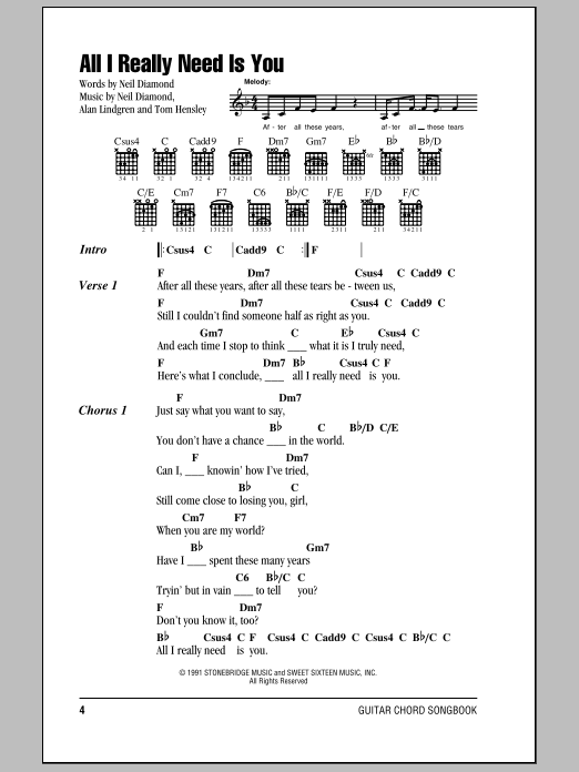 Neil Diamond All I Really Need Is You Sheet Music Notes & Chords for Piano, Vocal & Guitar Chords (Right-Hand Melody) - Download or Print PDF