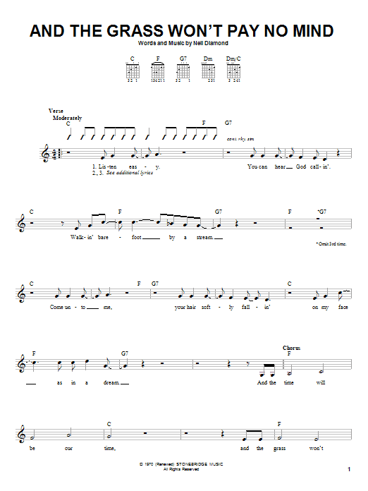 Neil Diamond And The Grass Won't Pay No Mind Sheet Music Notes & Chords for Guitar with strumming patterns - Download or Print PDF