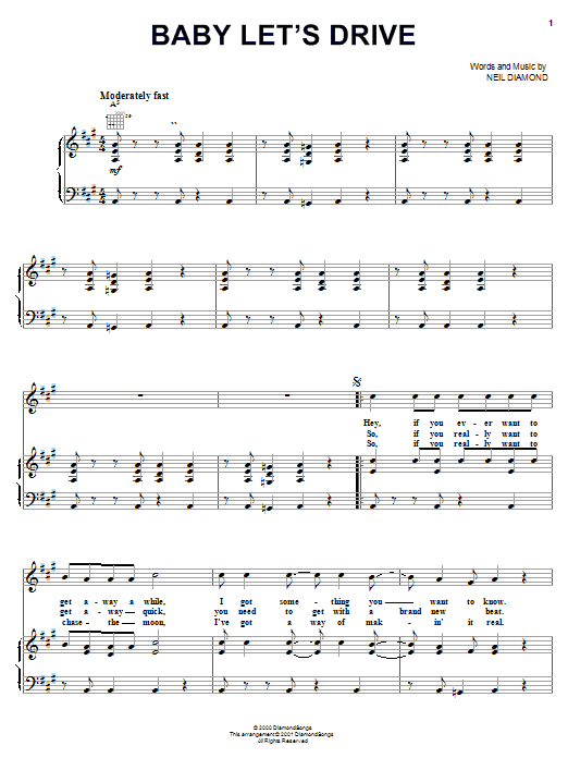 Neil Diamond Baby Let's Drive Sheet Music Notes & Chords for Piano, Vocal & Guitar (Right-Hand Melody) - Download or Print PDF Neil Diamond Baby Let's Drive Sheet Music Notes & Chords for Piano, Vocal & Guitar (Right-Hand Melody) - Download or Print PDF