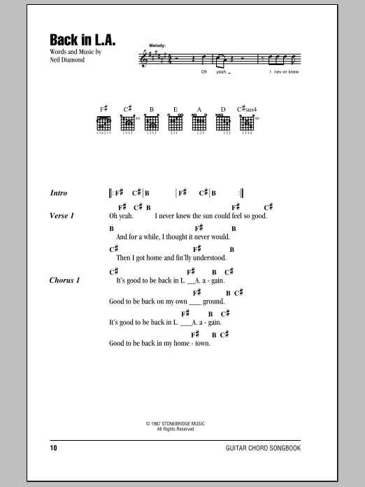 Neil Diamond Back In L.A. Sheet Music Notes & Chords for Lyrics & Chords - Download or Print PDF