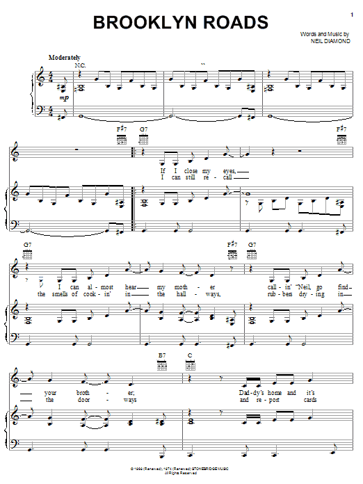 Neil Diamond Brooklyn Roads Sheet Music Notes & Chords for Guitar with strumming patterns - Download or Print PDF
