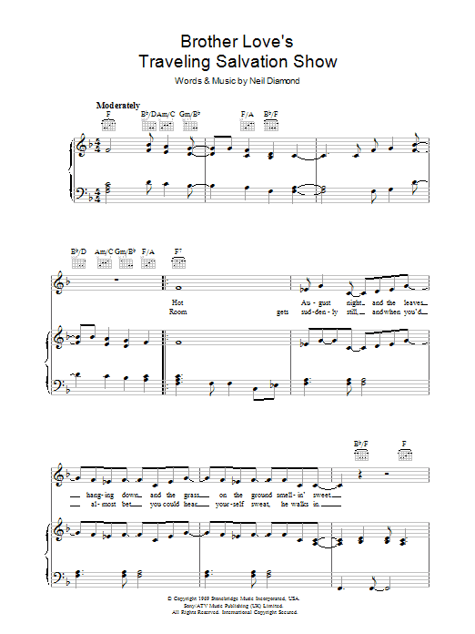 Neil Diamond Brother Love's Travelling Salvation Show Sheet Music Notes & Chords for Piano, Vocal & Guitar (Right-Hand Melody) - Download or Print PDF