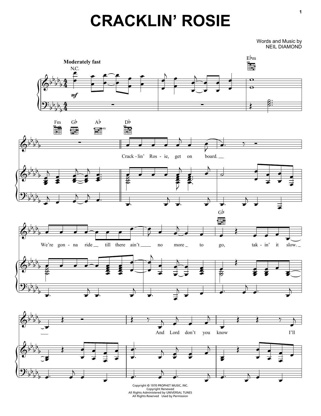 Neil Diamond Cracklin' Rosie Sheet Music Notes & Chords for Lyrics & Chords - Download or Print PDF