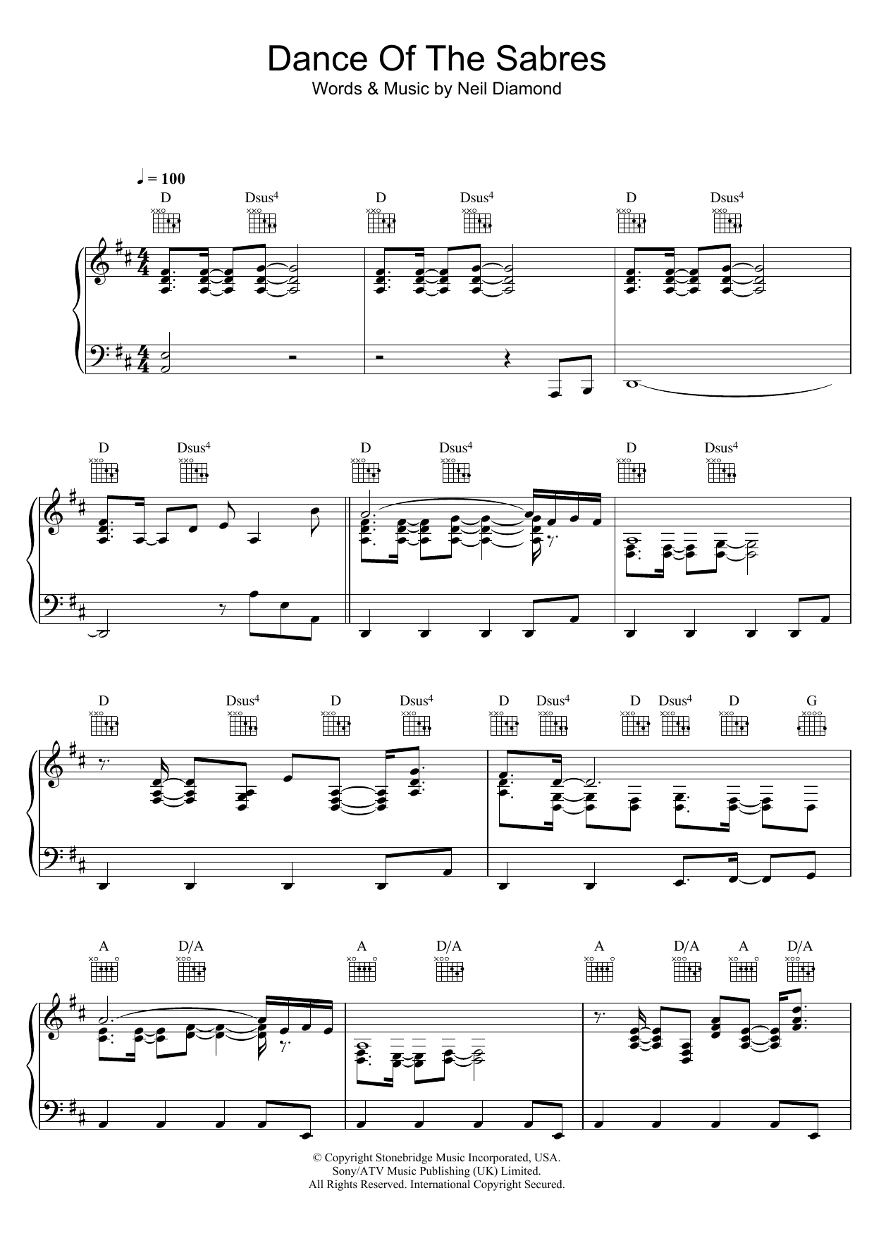 Neil Diamond Dance Of The Sabres Sheet Music Notes & Chords for Piano, Vocal & Guitar (Right-Hand Melody) - Download or Print PDF