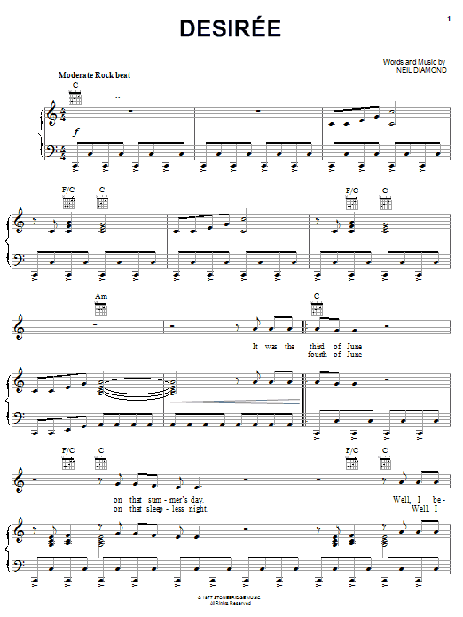 Neil Diamond Desiree Sheet Music Notes & Chords for Guitar with strumming patterns - Download or Print PDF