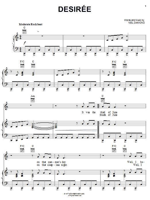 Neil Diamond Desiree Sheet Music Notes & Chords for Melody Line, Lyrics & Chords - Download or Print PDF