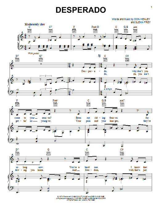 Neil Diamond Desperado Sheet Music Notes & Chords for Piano, Vocal & Guitar (Right-Hand Melody) - Download or Print PDF