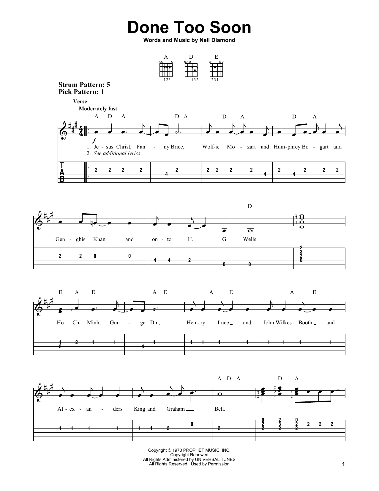Neil Diamond Done Too Soon Sheet Music Notes & Chords for Easy Guitar Tab - Download or Print PDF