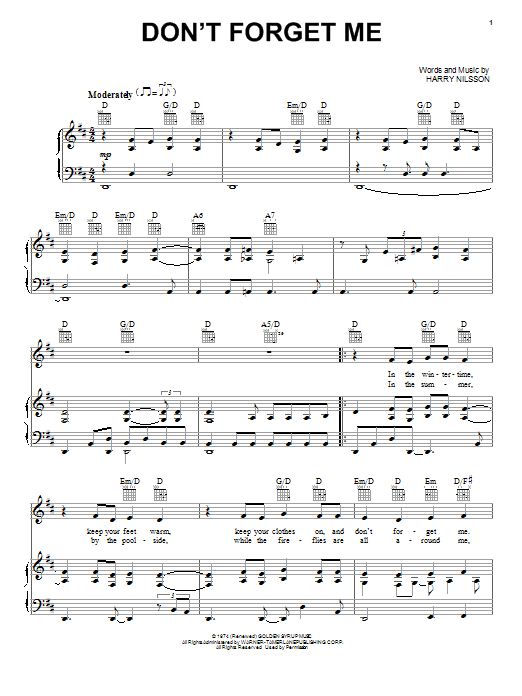 Neil Diamond Don't Forget Me Sheet Music Notes & Chords for Piano, Vocal & Guitar (Right-Hand Melody) - Download or Print PDF