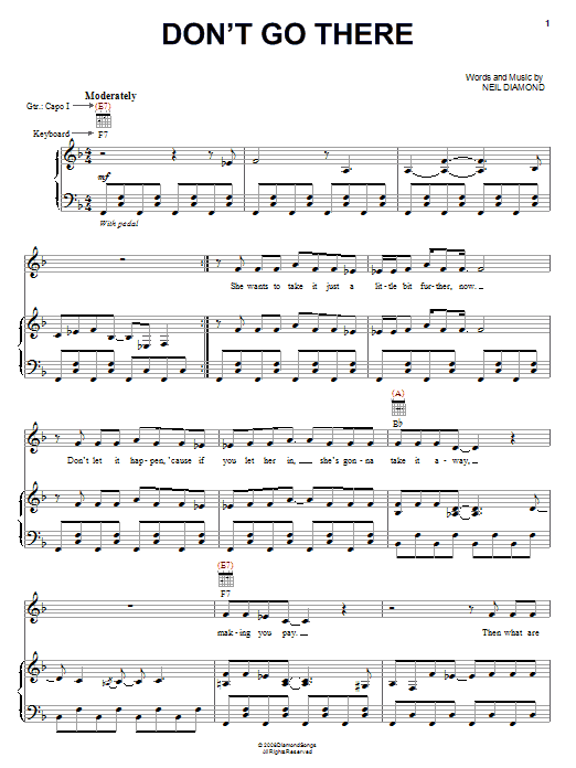 Neil Diamond Don't Go There Sheet Music Notes & Chords for Piano, Vocal & Guitar (Right-Hand Melody) - Download or Print PDF Neil Diamond Don't Go There Sheet Music Notes & Chords for Piano, Vocal & Guitar (Right-Hand Melody) - Download or Print PDF