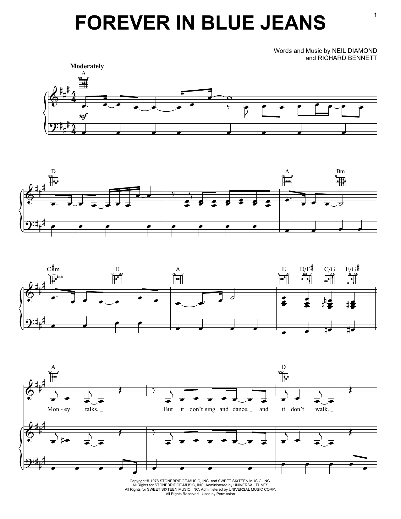 Neil Diamond Forever In Blue Jeans Sheet Music Notes & Chords for Guitar with strumming patterns - Download or Print PDF