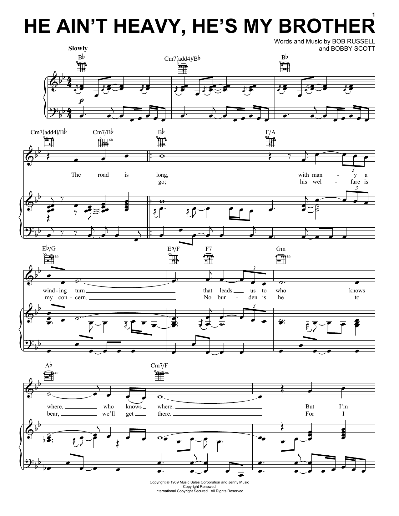 Neil Diamond He Ain't Heavy, He's My Brother Sheet Music Notes & Chords for Piano (Big Notes) - Download or Print PDF