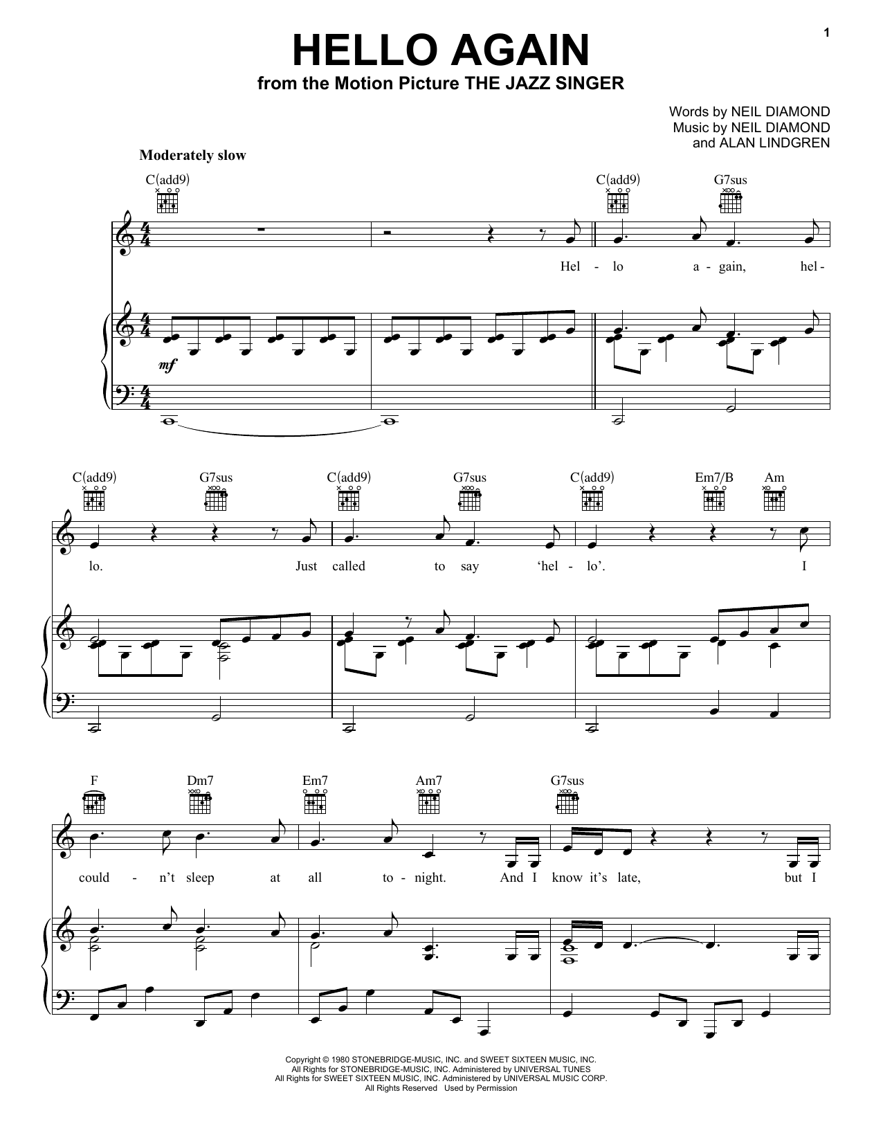 Neil Diamond Hello Again Sheet Music Notes & Chords for Melody Line, Lyrics & Chords - Download or Print PDF