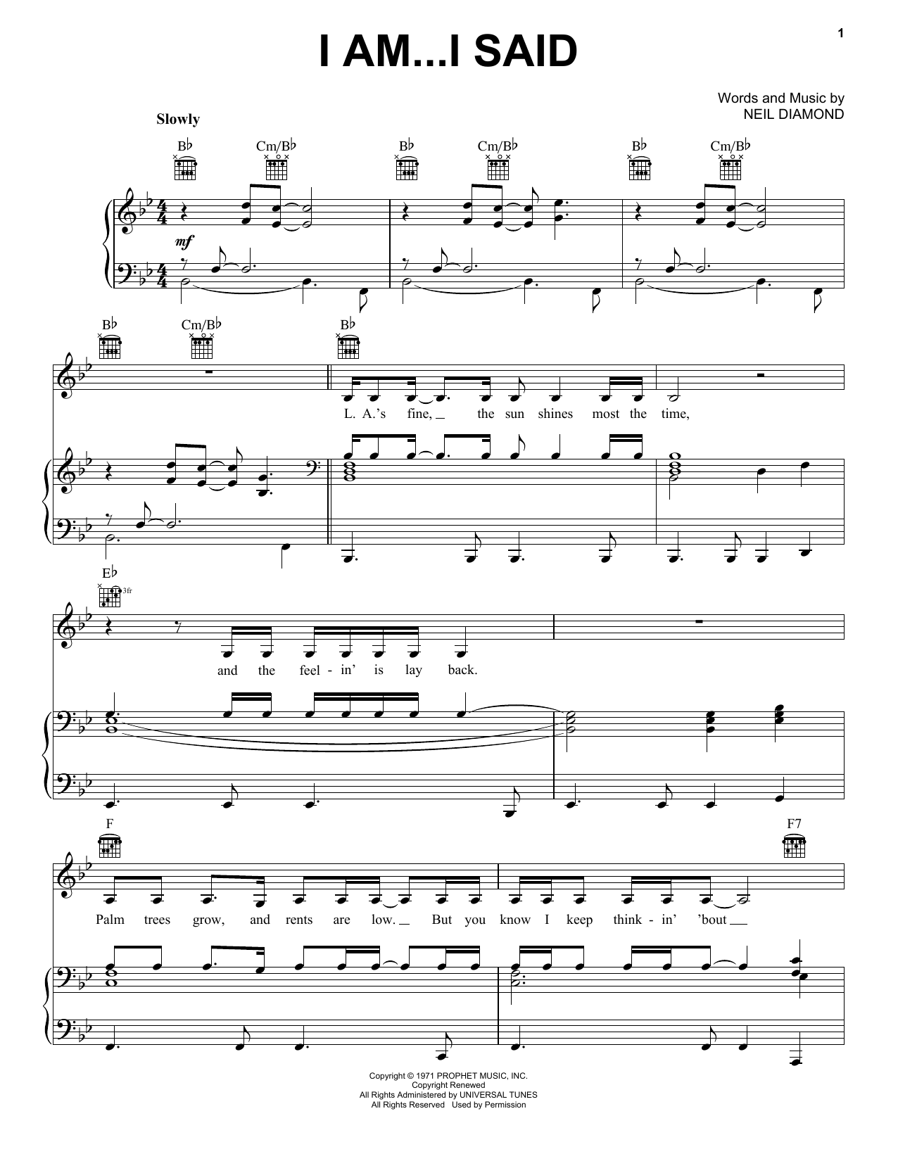 Neil Diamond I Am...I Said Sheet Music Notes & Chords for Easy Guitar - Download or Print PDF