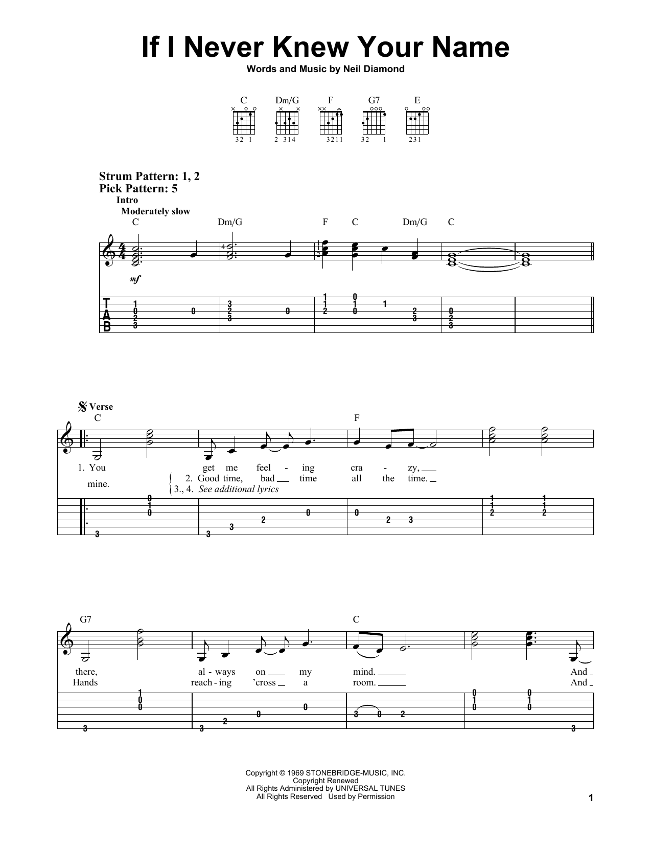 Neil Diamond If I Never Knew Your Name Sheet Music Notes & Chords for Easy Guitar Tab - Download or Print PDF