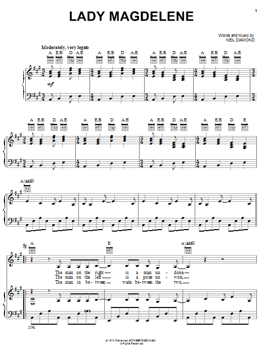 Neil Diamond Lady Magdelene Sheet Music Notes & Chords for Piano, Vocal & Guitar (Right-Hand Melody) - Download or Print PDF Neil Diamond Lady Magdelene Sheet Music Notes & Chords for Piano, Vocal & Guitar (Right-Hand Melody) - Download or Print PDF